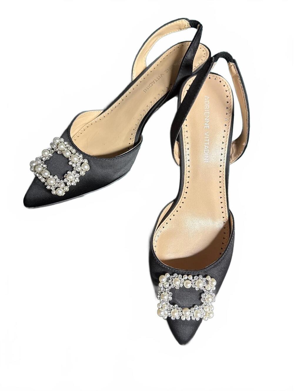 Adrienne Vittadini Black Formal Slingback Shoes with Pearl and Rhinestone Buckle